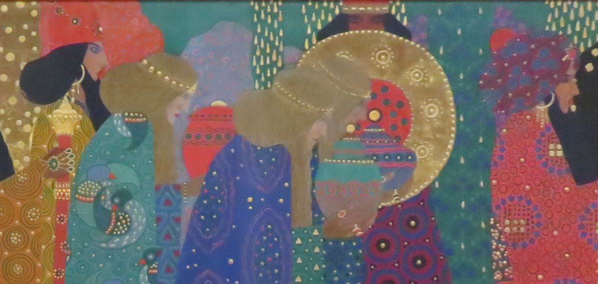 Detail from Vittorio Zecchin's painting Le Mille e una notte: figures in profile wearing richly patterned robes, carrying vessels beneath a large gold disc, against a deep teal ground.